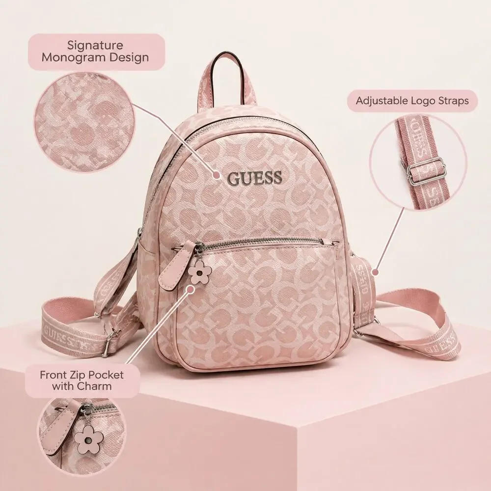 GUESS Nessa Mini Backpack Blush Pink Monogram Logo Adjustable Strap Purse